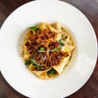 Pappardelle Y Setas · fresh pappardelle wide ribbon pasta, wild mushrooms, truffle, kale, parmesan cheese