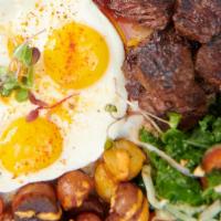 Steak & Eggs · steak bites, eggs any style, green salad, papas bravas