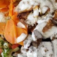Mix Gyro Platter · Combination of Gyro and chicken gyro, served over rice or salad with your choice of 3 sides.