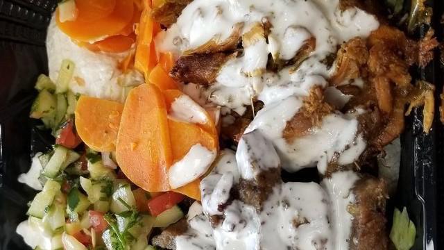 Mix Gyro Platter · Combination of Gyro and chicken gyro, served over rice or salad with your choice of 3 sides.