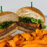 Bison Burger · Served with lettuce and tomato.