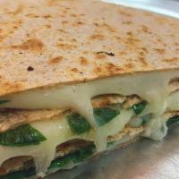 Spinach Quesadilla · Low-fat mozzarella cheese and spinach smothered by two whole. wheat tortillas. Served with a...