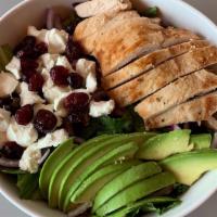 Spring Time Salad · Grilled chicken, mixed greens, sliced avocado, goat cheesr,. dried cranberries, red onions, ...