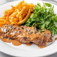 Bistro Pepper Steak · Baby watercress with homemade French fries.