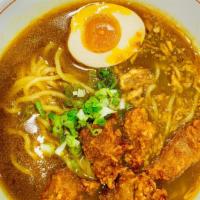 Karaage Chicken Curry Ramen · mild curry and chicken broth, with wavy noodle, topping karaage chicken,fried onions,scallio...