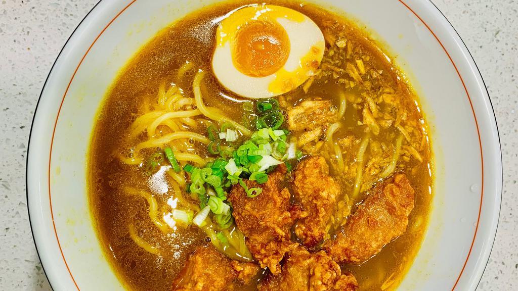 Karaage Chicken Curry Ramen · mild curry and chicken broth, with wavy noodle, topping karaage chicken,fried onions,scallion , egg