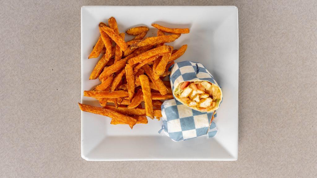 Buffalo Chicken Strip Wrap · Served with lettuce, tomato and side of bleu cheese dressing. Served with french fries. Coleslaw and pickle upon request.