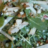 Apple-Pear Arugula · Gluten free. Green Apples, Asian Pears, Candied Walnuts, Blue Cheese Dressing.