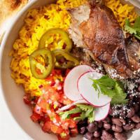 Slow Roasted Smoked Pork Bowl · tumeric rice, black beans, pickled jalapenos, tomato, pickled red onions, cotija, cilantro +...