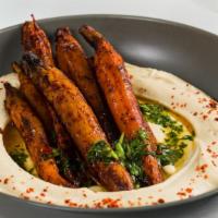 Roasted Carrot & Hummus Bowl (V) · chimichurri, harissa + pepitas