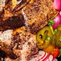 Roasted Chicken Bowl · 24-hour brined chicken, salad, sumac potato wedges, pickles, sumac whip