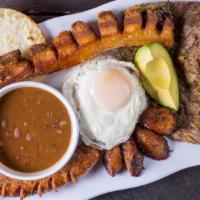Bandeja Paisa Acento · Traditional country platter with beef rice beans pork rind, sausage , sweet plantains egg co...
