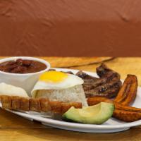 Mini Bandeja Paisa · Mini country platter with beef rice beans pork rind sweet plantains egg and avocado