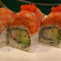 Volcano Special Roll · Avocado, cucumber and crab-meat inside, spicy tuna and masago on top.