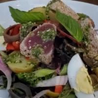 Salad Nicoise · Mesclun, green beans, grape tomatoes, red onions, tuna, hard-boiled egg, anchovies, red wine...