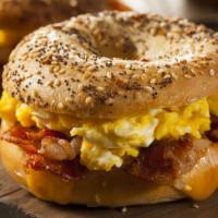 The Bacon, Egg, And Cheese Bagel · Fresh eggs, bacon, and creamy cheese stuffed in between a bagel of your choice.