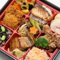 Ootoya Gozen Bento  · Clockwise from the top left: 1. Fried vegetables served with a sweet and sour vinegar sauce,...