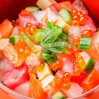 Bara Chirashi Don · Finely diced assorted sashimi containing tuna, yellowtail, scallop, shrimp, salmon, egg, kan...