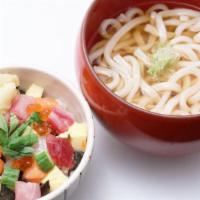 Mini Bara Chirashi Don & Hot Udon Noodles Set · A small portion of Bara Chirashi Don: finely diced assorted sashimi containing tuna, yellowt...