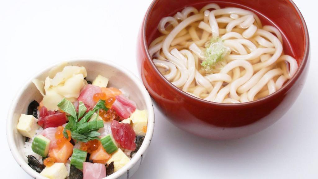 Mini Bara Chirashi Don & Hot Udon Noodles Set · A small portion of Bara Chirashi Don: finely diced assorted sashimi containing tuna, yellowtail, scallop, shrimp, salmon, egg, kanpyo, and salmon roe served on top of sushi rice. It comes with hot udon noodles.