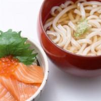 Mini Salmon Ikura Don & Hot Udon Noodles Set · A small portion of Salmon and Ikura Don: salmon and salmon roe served on top of sushi rice. ...