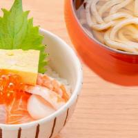 Mini Kaisen Don & Hot Udon Noodles Set · A small portion of Kaisen don: assorted sashimi served on top of sushi rice (assortment is s...