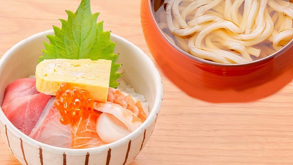 Mini Kaisen Don & Hot Udon Noodles Set · A small portion of Kaisen don: assorted sashimi served on top of sushi rice (assortment is subject to change based on availability) comes with hot udon noodles.