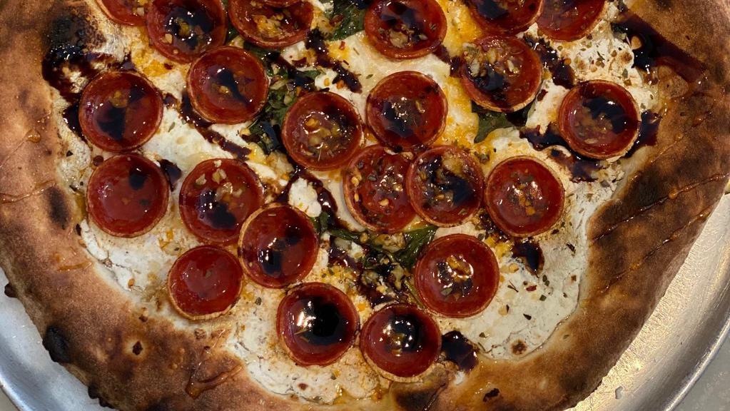 Sweet Fatty Pizza · Ricotta, pepperoni, chili fakes, oregano, fresh garlic, vincotto and honey.
