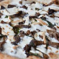 Smoked Shrooms Pizza · Seared oyster mushroom, smoked mozzarella, basil, Pecorino and extra virgin olive oil.