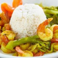 Curry Shrimp · Served with choice of side and steam veggie.