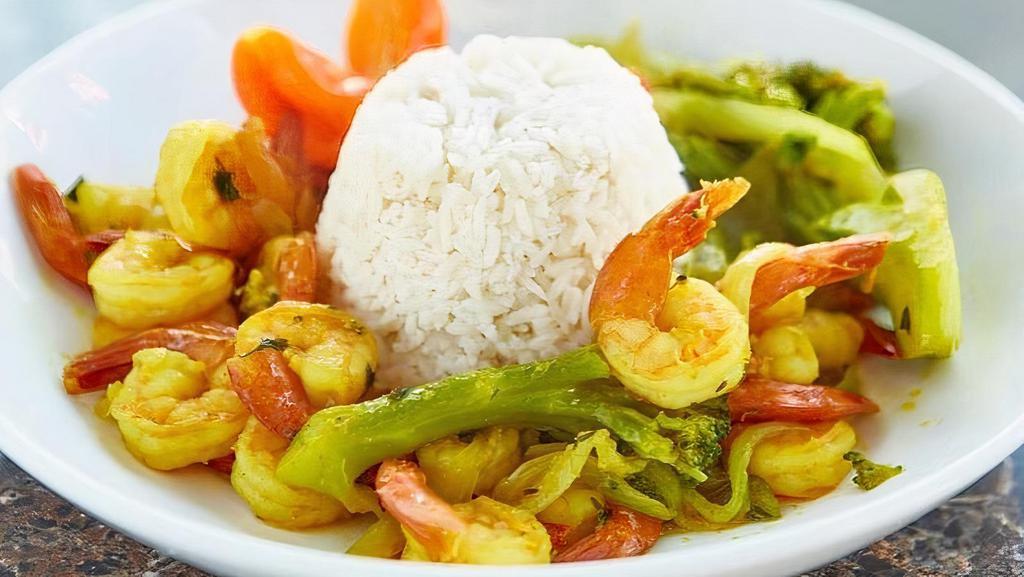 Curry Shrimp · Served with choice of side and steam veggie.