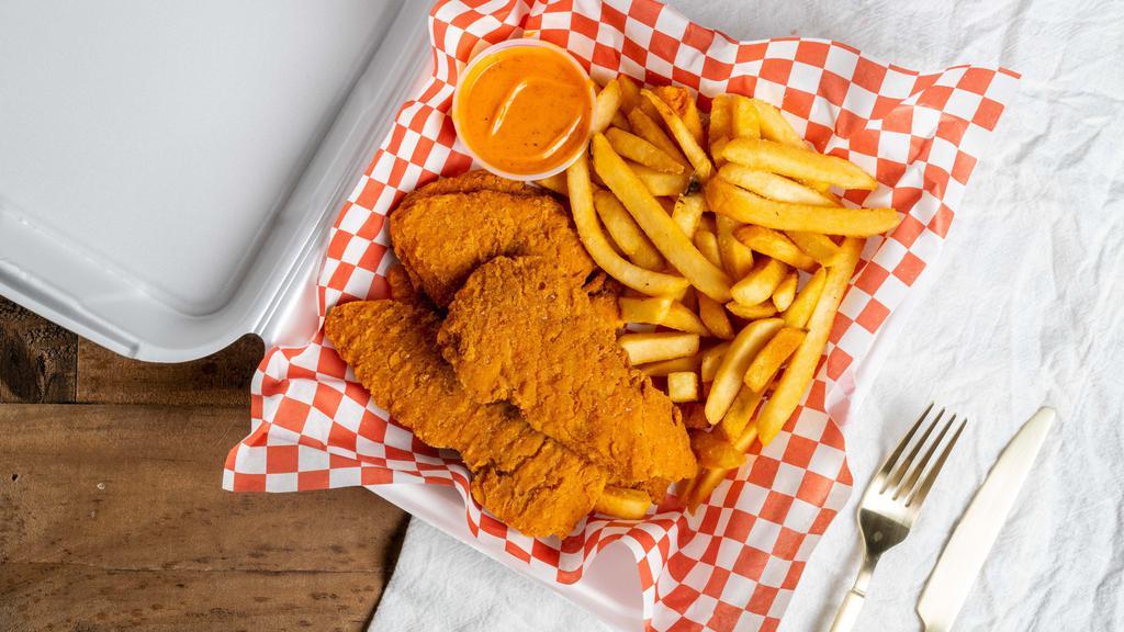Chicken Fingers And Fries Platter · 4 chicken fingers, fries and bleu cheese with your choice of wing sauce.