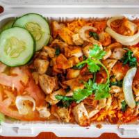Chicken With Rice · With onion and cilantro.
Served with salad (lettuce, tomato & cucumber w/ sauce-white, hot &...