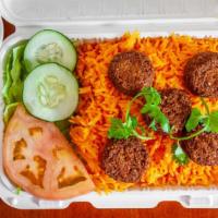 Falafel With Rice · 6 pieces falafel, rice & onion.
Served with salad (lettuce, tomato & cucumber w/ sauce-white...