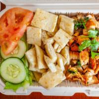 Chicken Gyro Platter · With slices pitta bread, onion & cilantro. Served with salad (lettuce, tomato & cucumber w/ ...