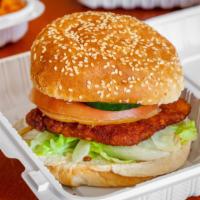 Chicken Sandwich · With fried patties and sesame.
Served with salad (lettuce, tomato & cucumber w/ sauce-white,...