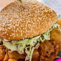 Fried Chicken Sandwich · Chicken Breast, Hot Honey, Shredded Cabbage, B&B Pickles, Kewpie Mayo, “Big Marties” Sesame ...
