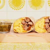 Turkey Sausage Breakfast Burrito · Two scrambled eggs, turkey sausage, hash browns, and melted cheese wrapped in a fresh flour ...