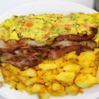 Western Omelette(W/ Meat) W/ Home Fries Or French Fries · Home Fries or French Fries w/Western Omelette w/ Choice of Bacon,Sausage or Ham and Choice o...
