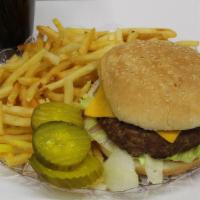 Cheese Burger Deluxe With French Fries · Cheeseburger w/lettuce,tomatoes,onions,pickles and fries w/Can of Soda