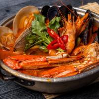 Spicy Mixed Seafood Soup / 해물 짬뽕탕  · Spicy soup with assorted seafood and vegetables.