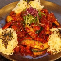 Spicy Bai-Top Shell / 골뱅이 무침 · Spicy chilled bai top shell salad with ramen noodles.