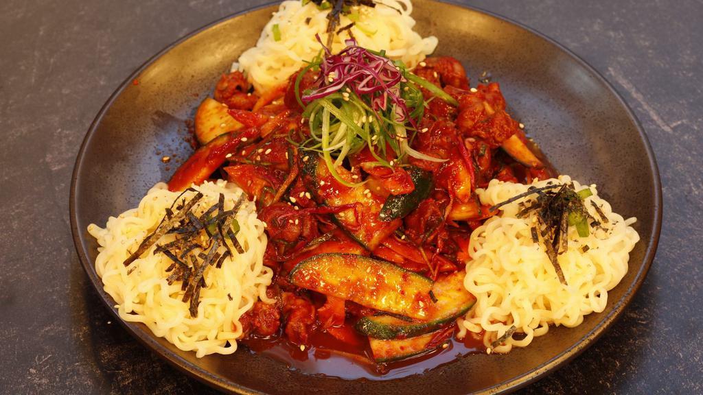 Spicy Bai-Top Shell / 골뱅이 무침 · Spicy chilled bai top shell salad with ramen noodles.
