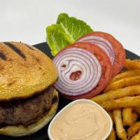 Accent Burger · Prime 8 oz ground beef, topped with American cheese, lettuce, tomato, pickles, onions, side ...