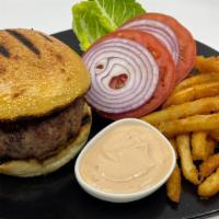 Accent Burger · Prime 8 oz ground beef topped with American cheese, lettuce, tomato, pickles, onions, a side...