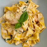 Pappardelle With Salmon · Pasta with salmon in a cream sauce. Topped with parmesan