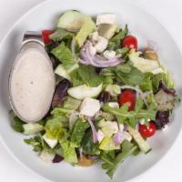 Greek Mediterranean Salad · Mixed greens, red onion, cucumbers, cherry tomato, black olives, feta cheese and greek dress...