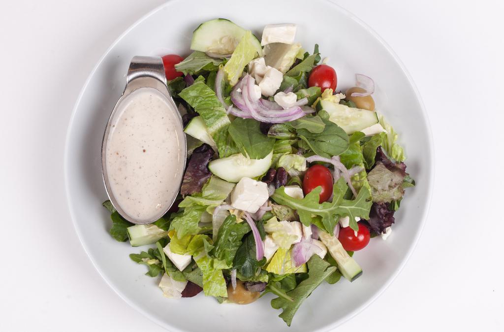 Greek Mediterranean Salad · Mixed greens, red onion, cucumbers, cherry tomato, black olives, feta cheese and greek dressing.