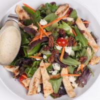 Capricciosa Salad · Mixed greens, caramelized walnuts, grilled chicken, crumbled bleu cheese and honey mustard d...