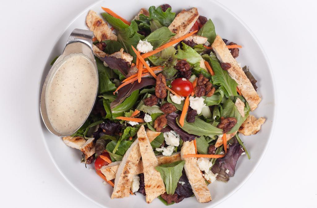 Capricciosa Salad · Mixed greens, caramelized walnuts, grilled chicken, crumbled bleu cheese and honey mustard dressing.